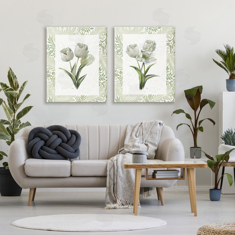 Nan Soft Green Tulip Trios Stretched Cavas Wall Art Set in Room