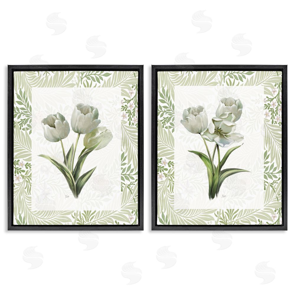 Nan Soft Green Tulip Trios Black Floating Frame Canvas Wall Art Print