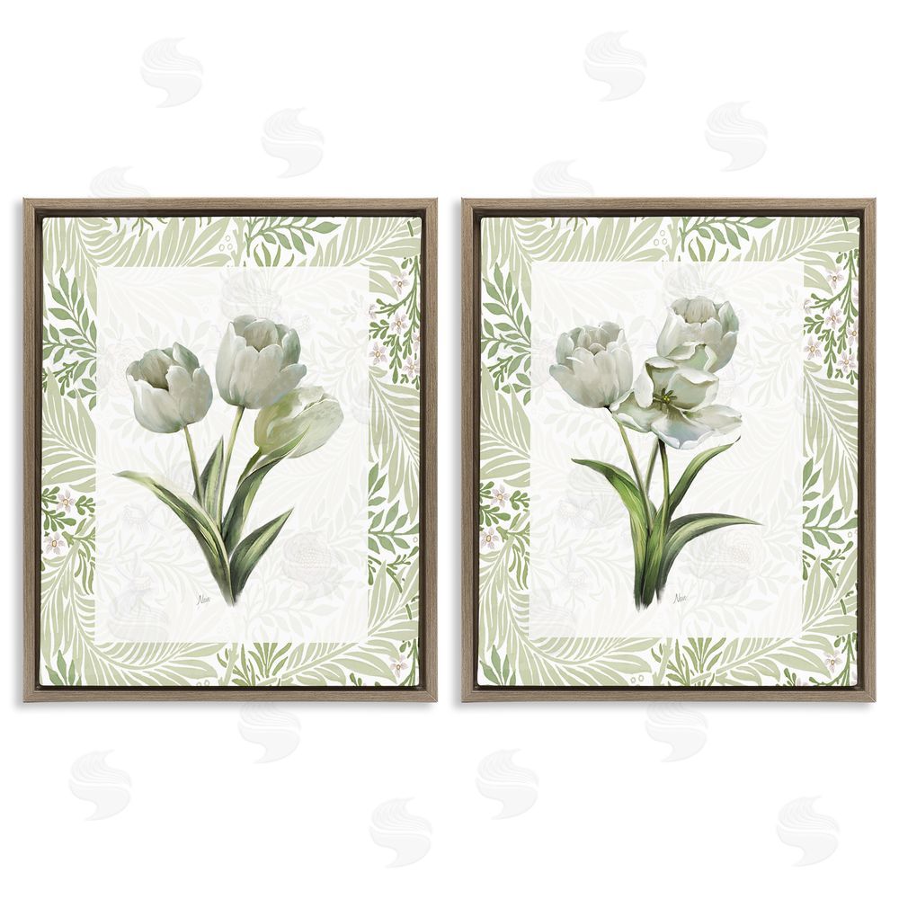 Nan Soft Green Tulip Trios Brown Floating Frame Canvas Wall Art Print