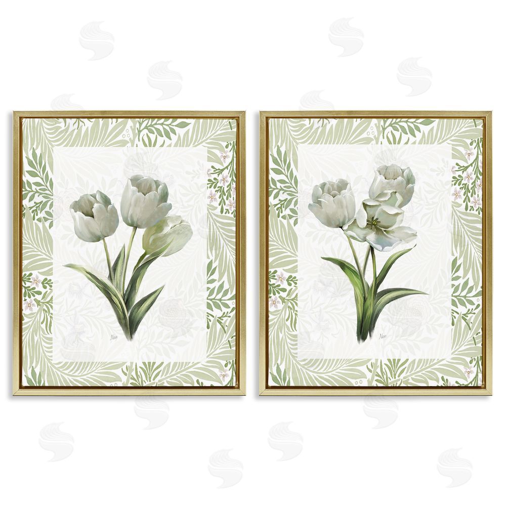 Nan Soft Green Tulip Trios Gold Floating Frame Canvas Wall Art Print
