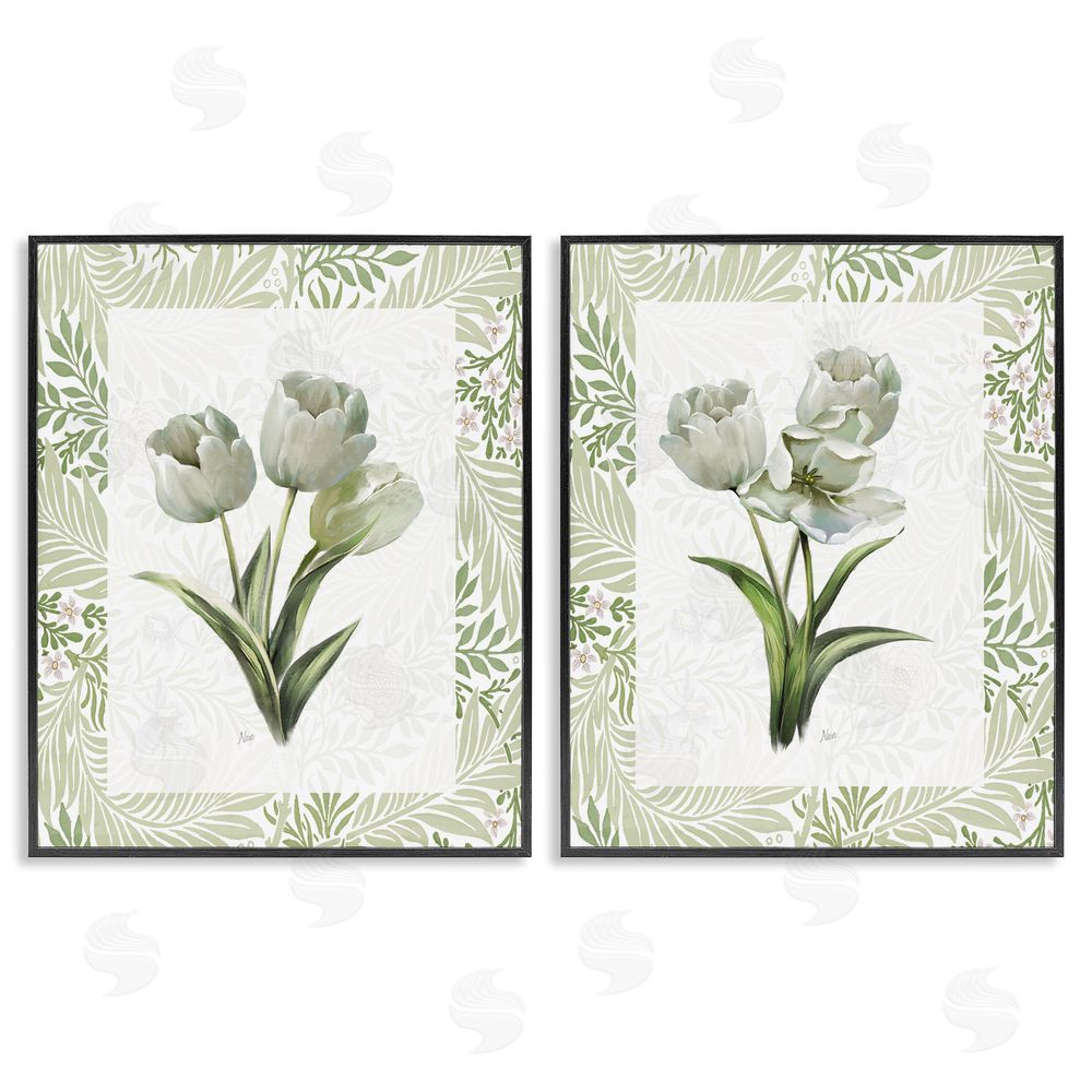 Nan Soft Green Tulip Trios Black Framed Giclee Wall Art Print