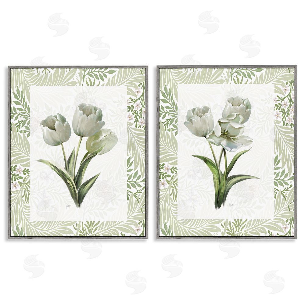 Nan Soft Green Tulip Trios Gray Framed Giclee Wall Art Print