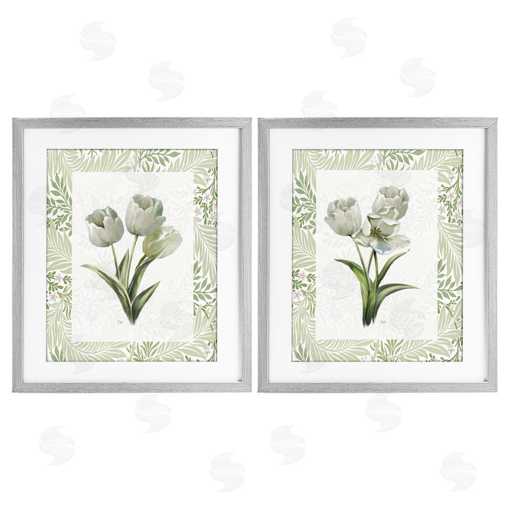Nan Soft Green Tulip Trios Gray Framed Print Under Glass Wall Art