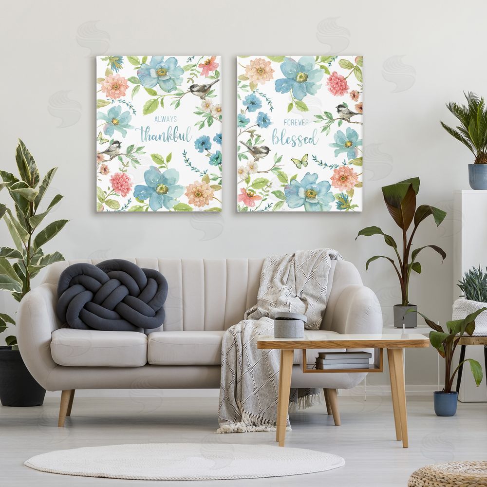 Nan Pink & Blue Gratitude Blooms Stretched Cavas Wall Art Set in Room