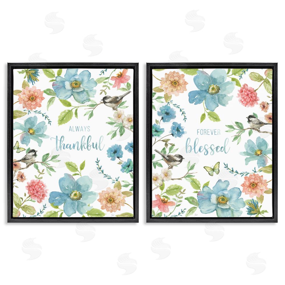 Nan Pink & Blue Gratitude Blooms Black Floating Frame Canvas Wall Art Print