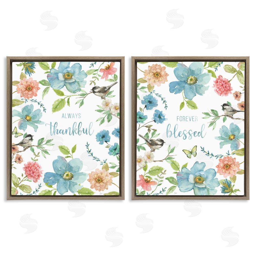 Nan Pink & Blue Gratitude Blooms Brown Floating Frame Canvas Wall Art Print