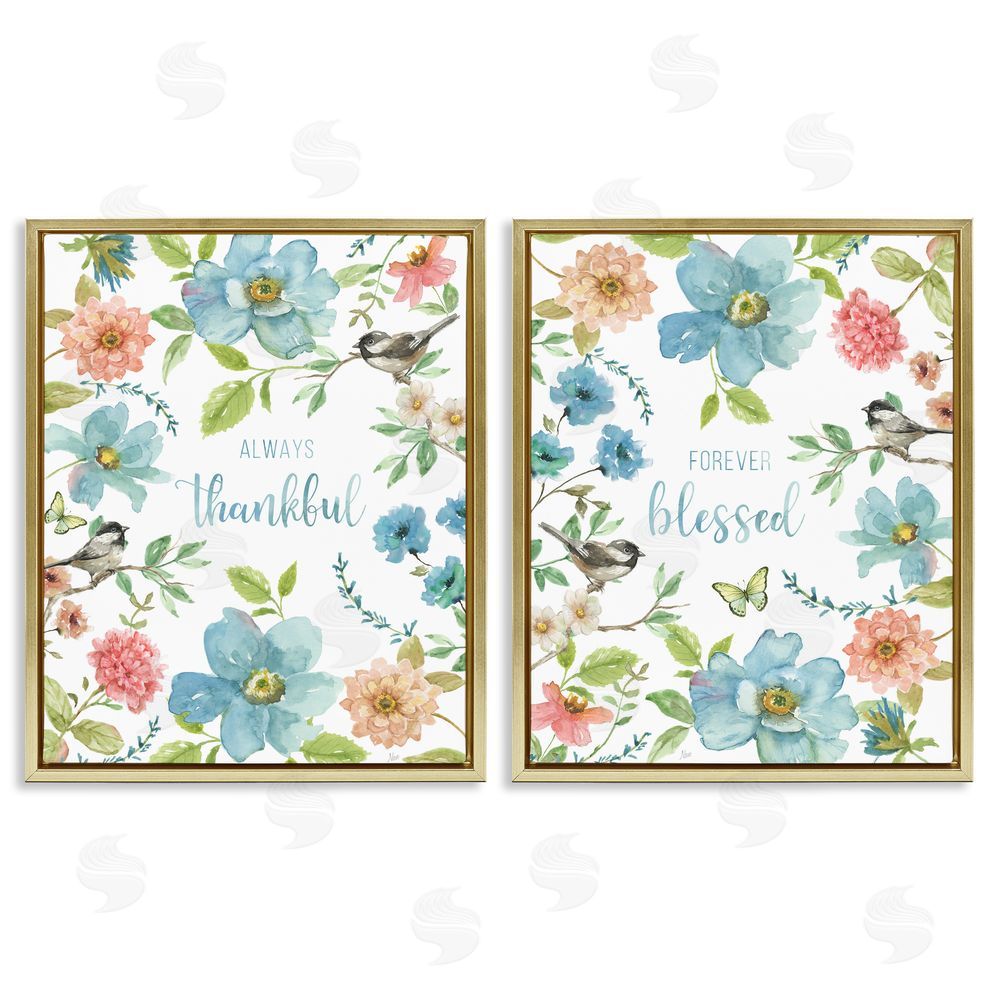 Nan Pink & Blue Gratitude Blooms Gold Floating Frame Canvas Wall Art Print