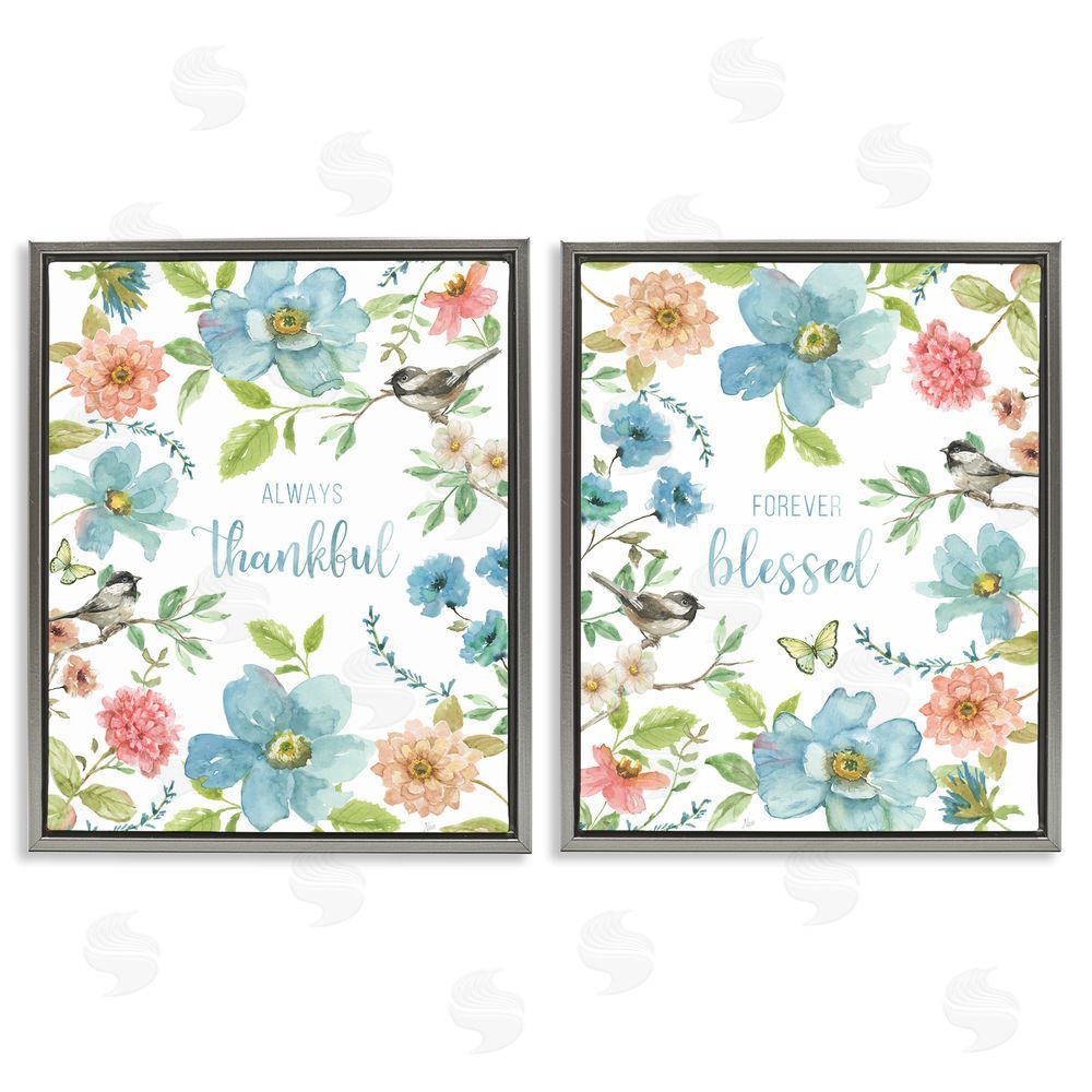 Nan Pink & Blue Gratitude Blooms Gray Floating Frame Canvas Wall Art Print