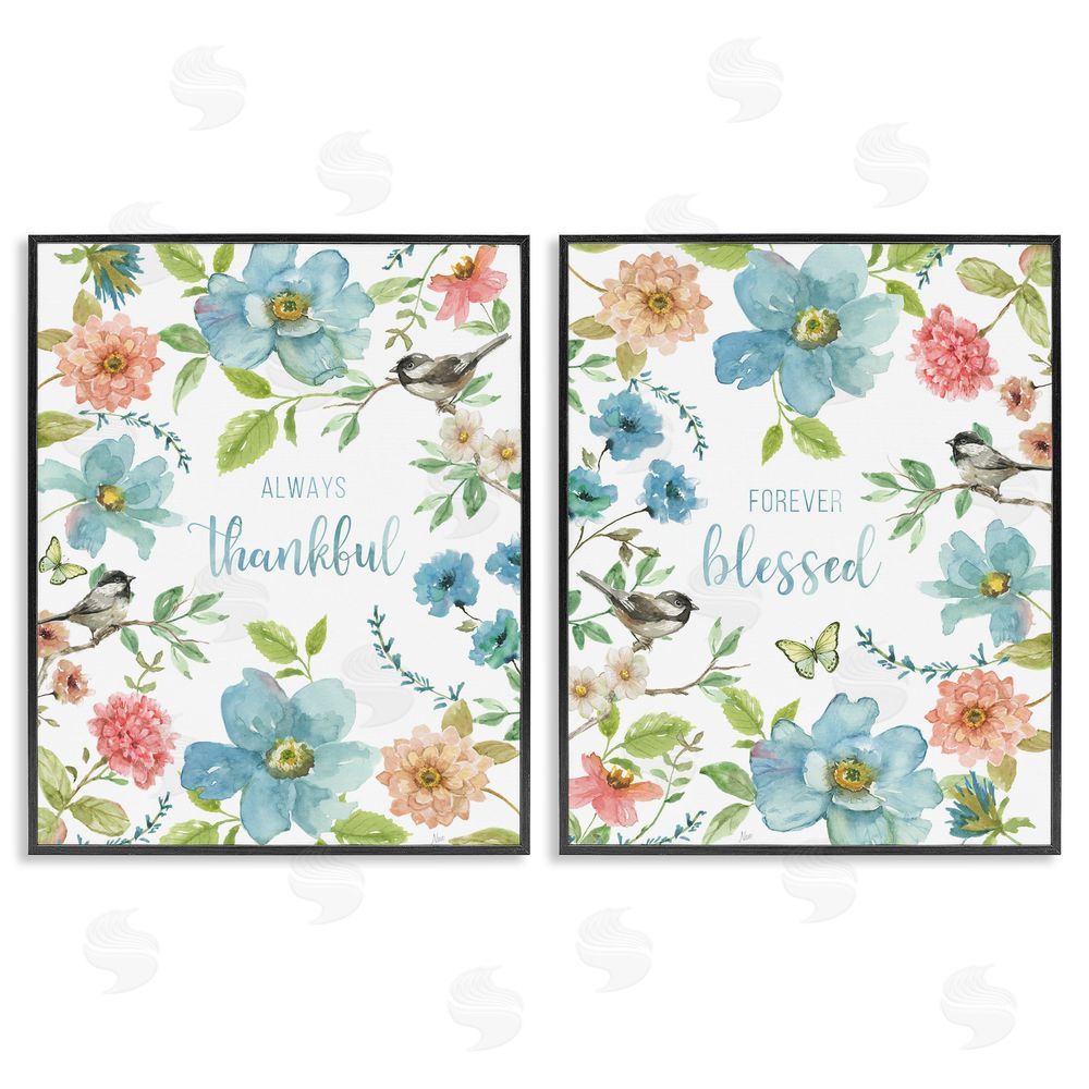 Nan Pink & Blue Gratitude Blooms Black Framed Giclee Wall Art Print