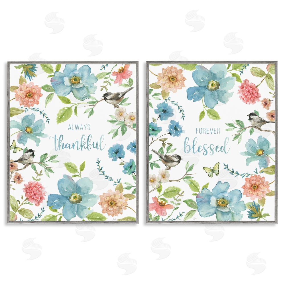 Nan Pink & Blue Gratitude Blooms Gray Framed Giclee Wall Art Print