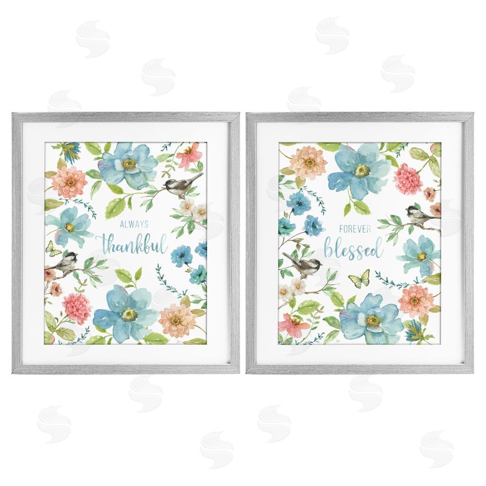 Nan Pink & Blue Gratitude Blooms Gray Framed Print Under Glass Wall Art