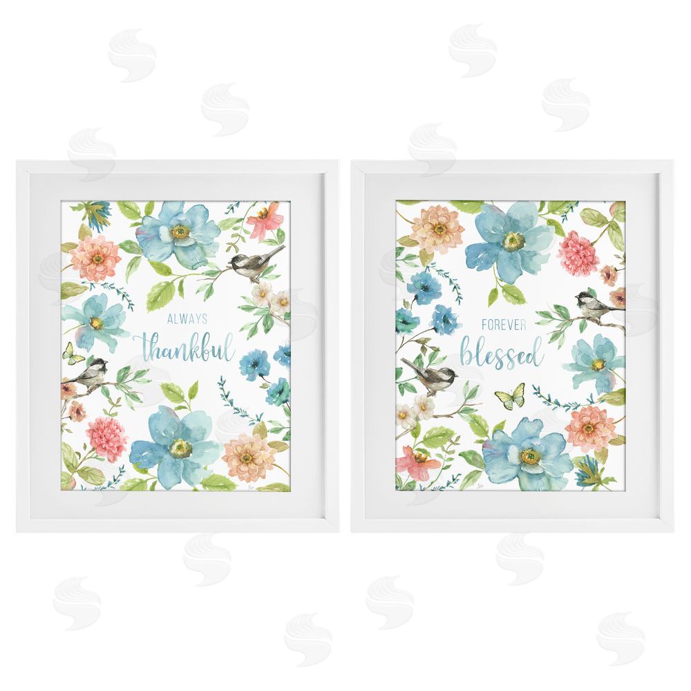 Nan Pink & Blue Gratitude Blooms White Framed Print Under Glass Wall Art