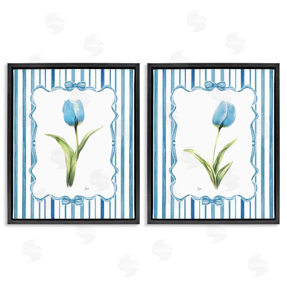 Nan Blue Tulips with Feminine Ribbon Black Floating Frame Canvas Wall Art Print
