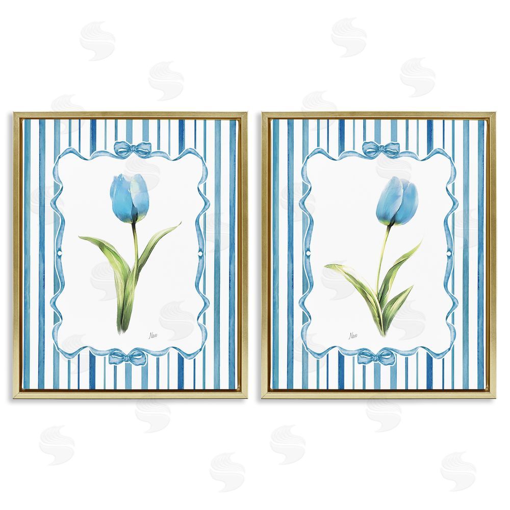 Nan Blue Tulips with Feminine Ribbon Gold Floating Frame Canvas Wall Art Print