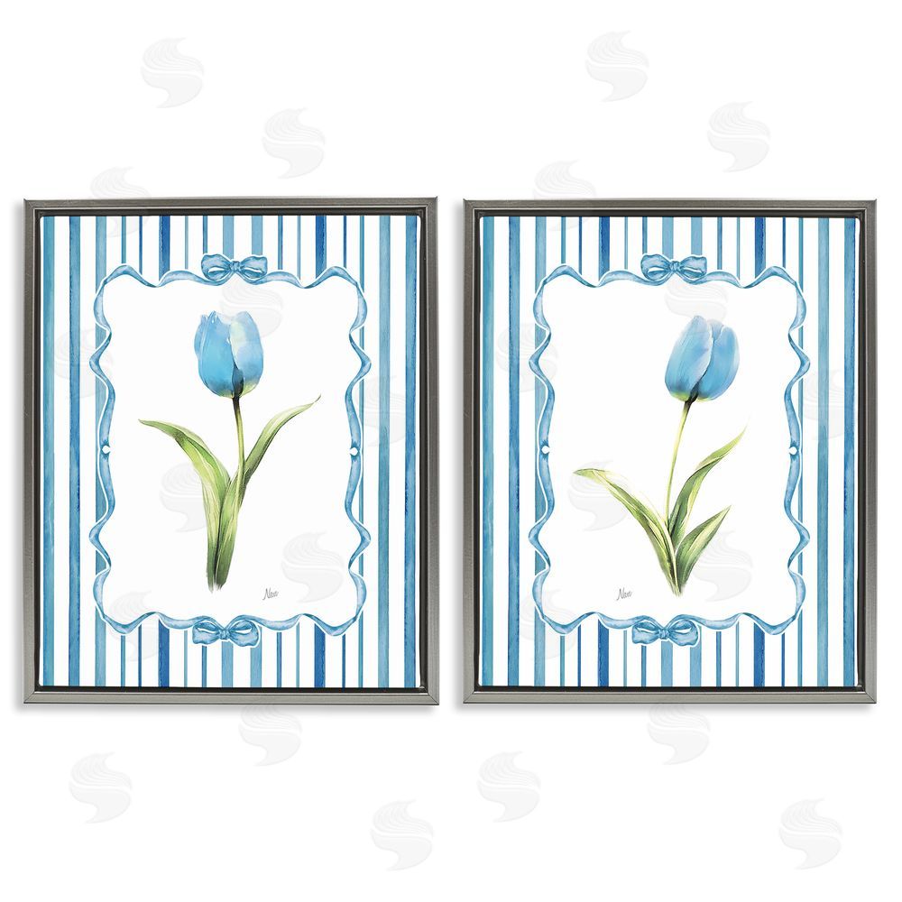 Nan Blue Tulips with Feminine Ribbon Gray Floating Frame Canvas Wall Art Print