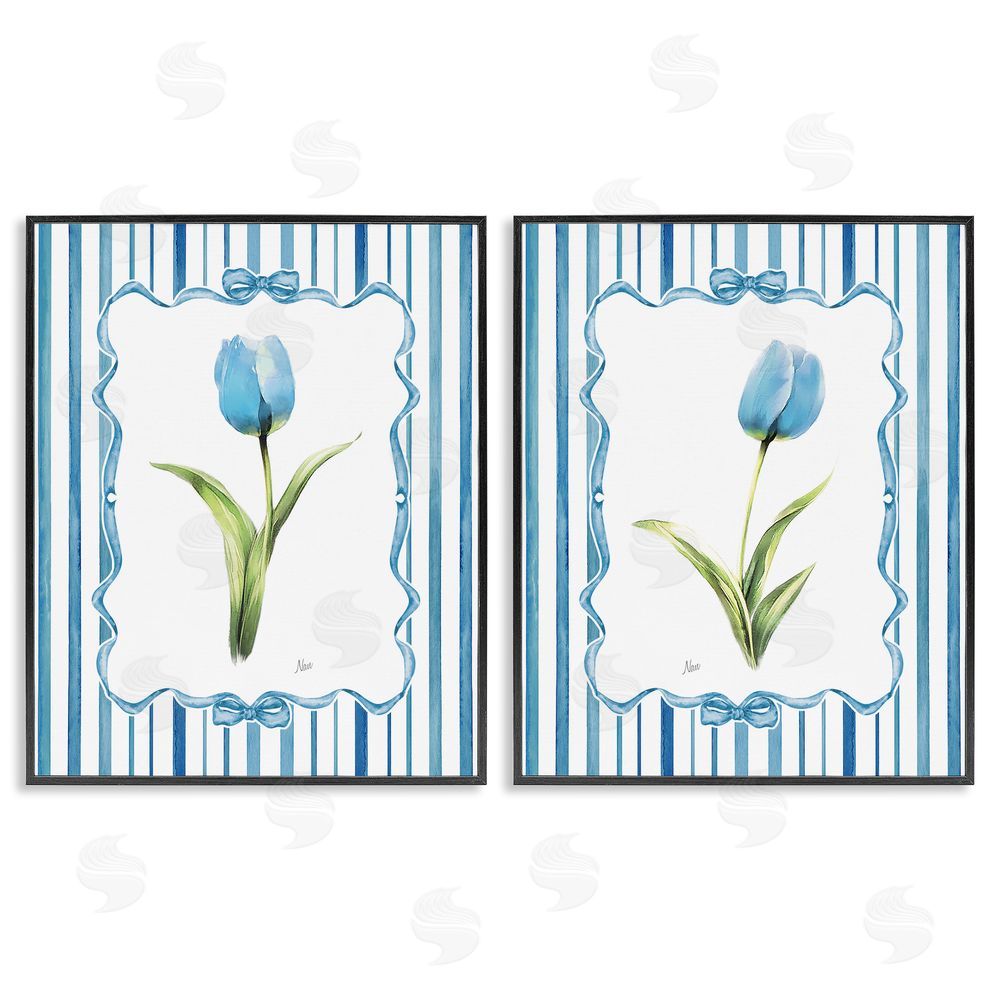 Nan Blue Tulips with Feminine Ribbon Black Framed Giclee Wall Art Print