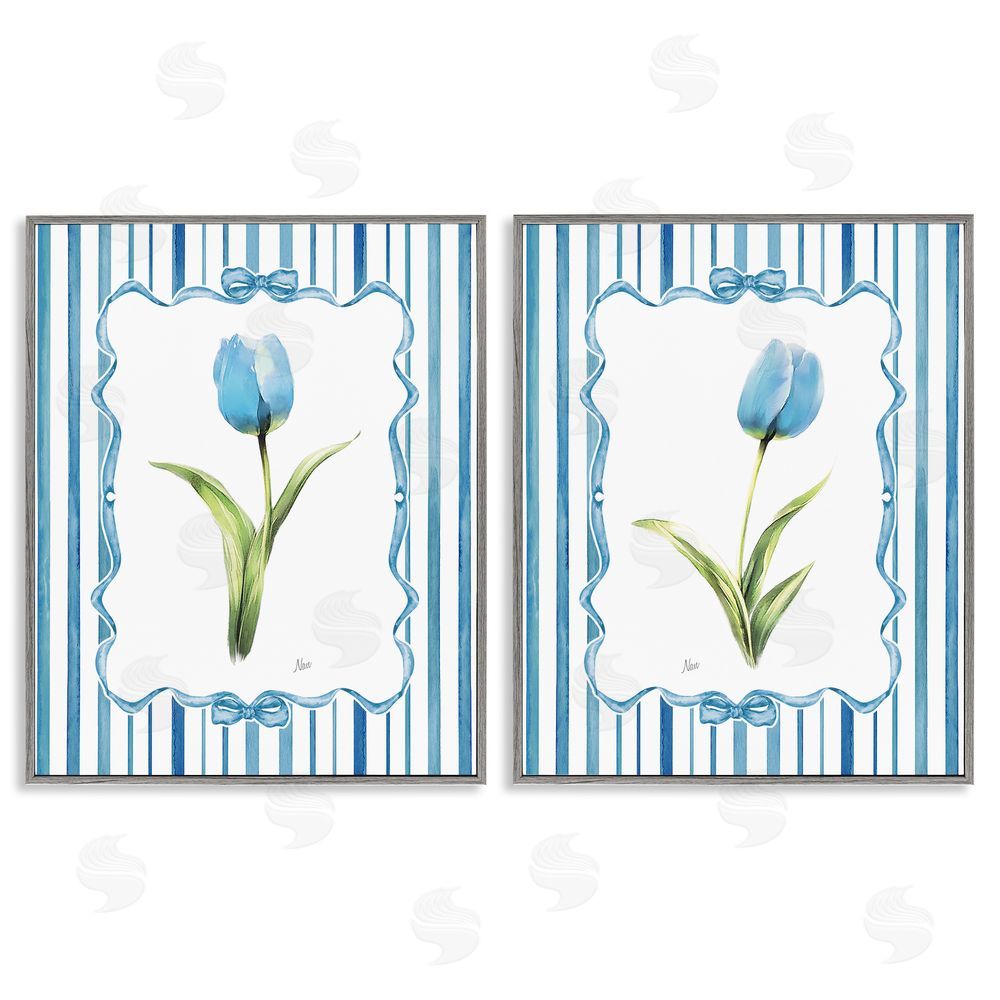 Nan Blue Tulips with Feminine Ribbon Gray Framed Giclee Wall Art Print