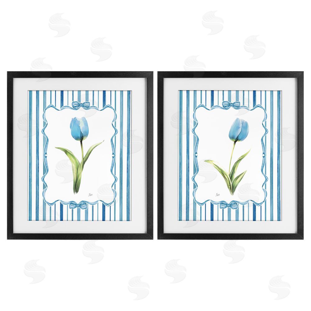 Nan Blue Tulips with Feminine Ribbon Black Framed Print Under Glass Wall Art