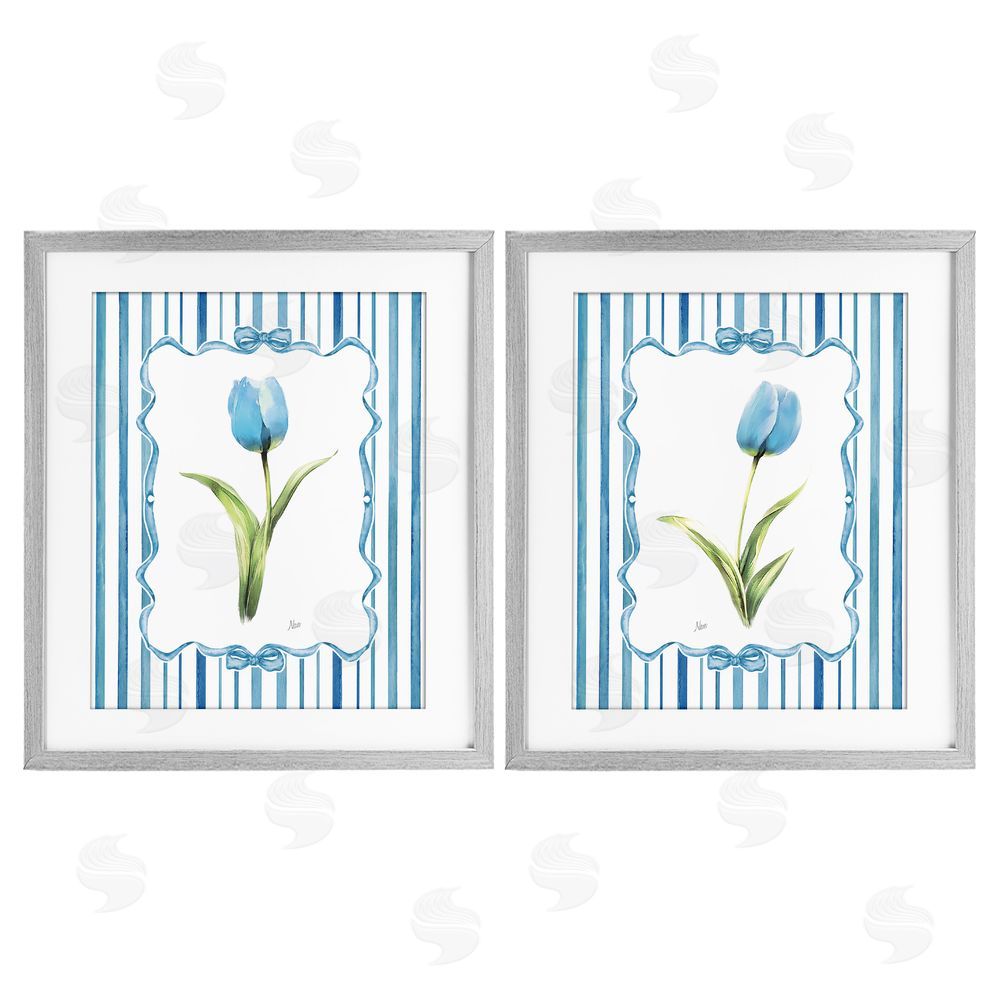 Nan Blue Tulips with Feminine Ribbon Gray Framed Print Under Glass Wall Art