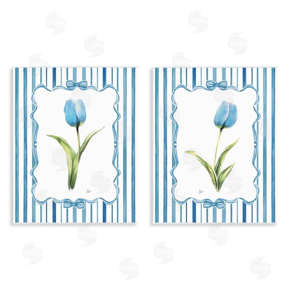 Nan Blue Tulips with Feminine Ribbon Wooden Wall Plaque Art Print