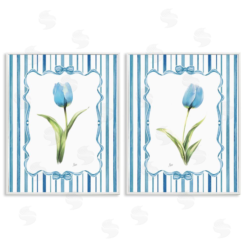 Nan Blue Tulips with Feminine Ribbon White Framed Giclee Wall Art Print