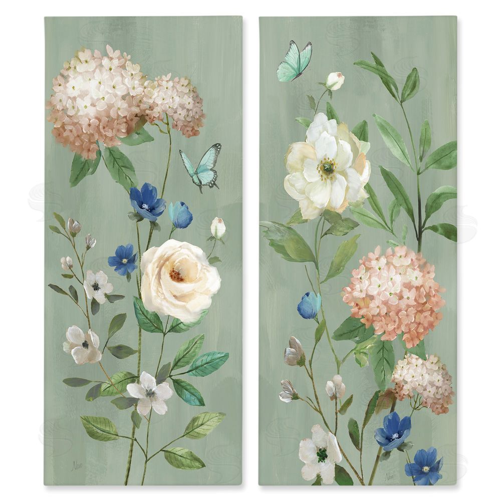Nan Mint Hydrangeas & Roses Stretched Canvas Wall Art Print