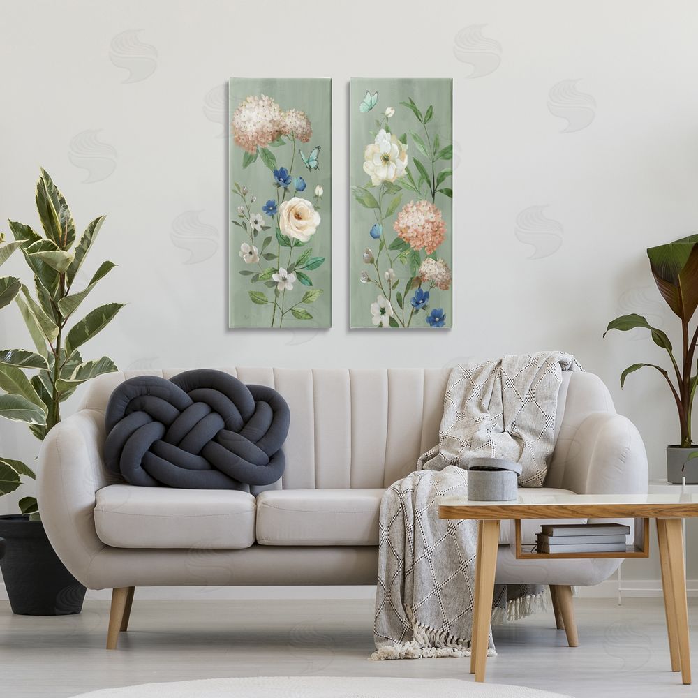Nan Mint Hydrangeas & Roses Stretched Cavas Wall Art Set in Room
