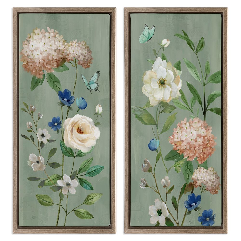Nan Mint Hydrangeas & Roses Brown Floating Frame Canvas Wall Art Print