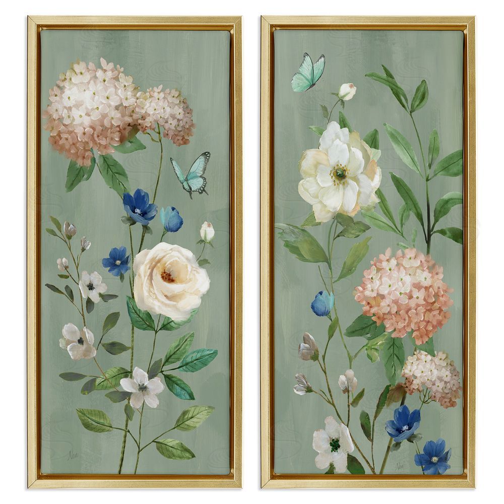 Nan Mint Hydrangeas & Roses Gold Floating Frame Canvas Wall Art Print