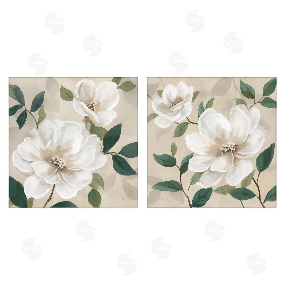Nan Serene White Blossoms & Foliage Stretched Canvas Wall Art Print