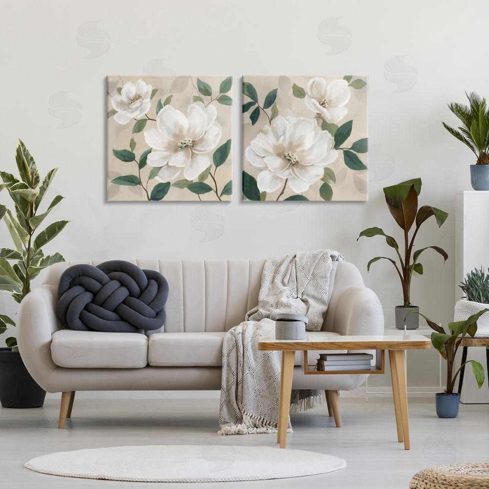 Nan Serene White Blossoms & Foliage Stretched Cavas Wall Art Set in Room