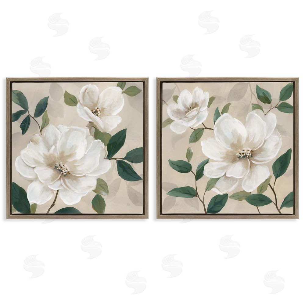 Nan Serene White Blossoms & Foliage Brown Floating Frame Canvas Wall Art Print
