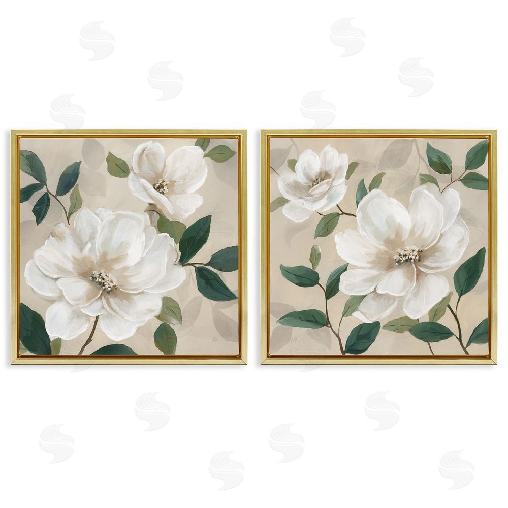 Nan Serene White Blossoms & Foliage Gold Floating Frame Canvas Wall Art Print
