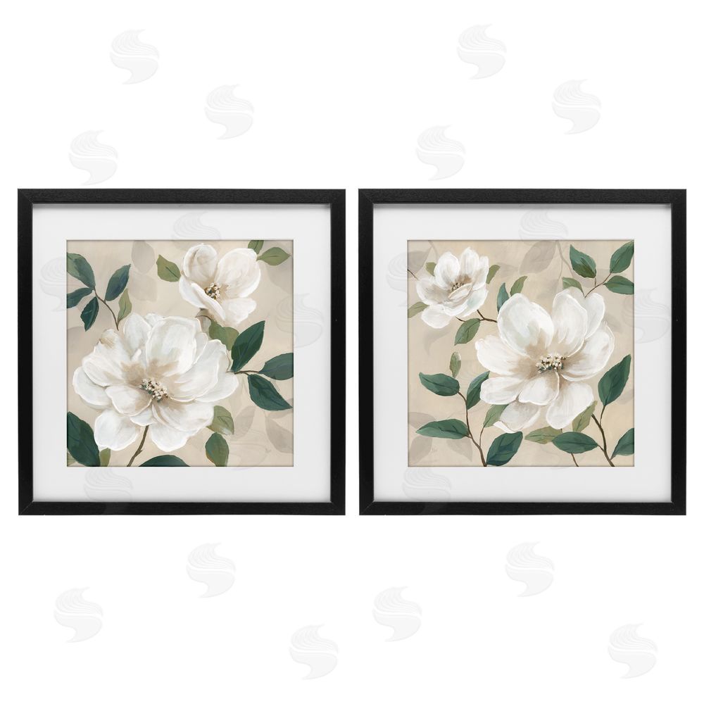 Nan Serene White Blossoms & Foliage Black Framed Print Under Glass Wall Art