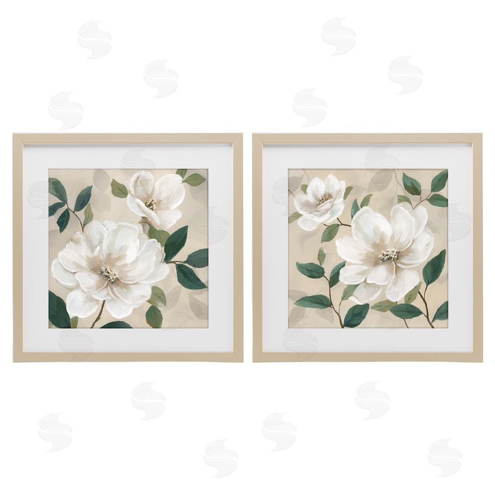 Nan Serene White Blossoms & Foliage Brown Framed Print Under Glass Wall Art