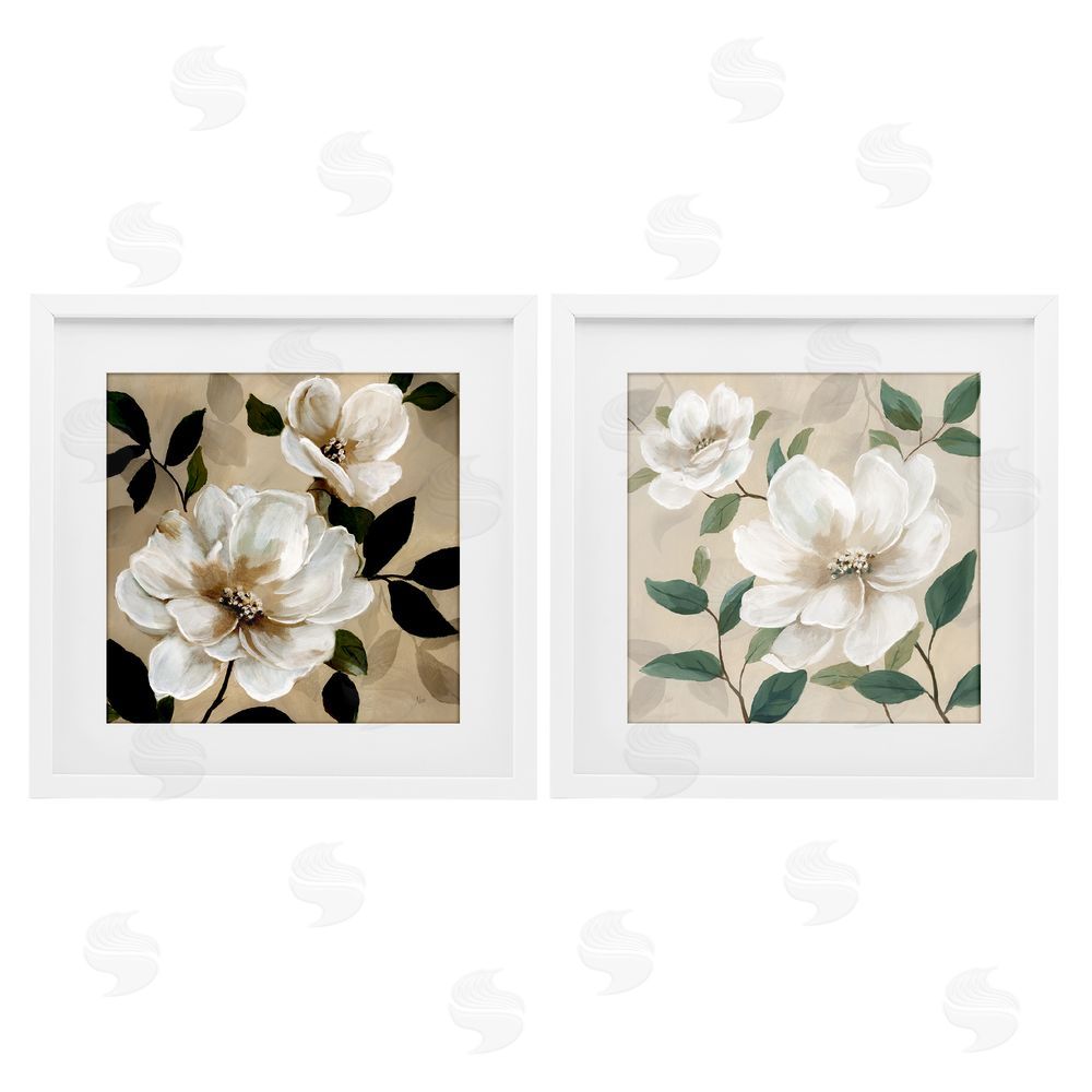 Nan Serene White Blossoms & Foliage White Framed Print Under Glass Wall Art