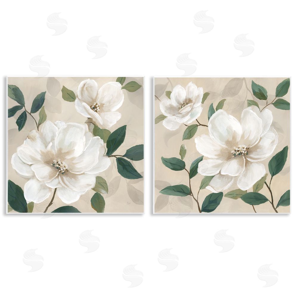 Nan Serene White Blossoms & Foliage Wooden Wall Plaque Art Print
