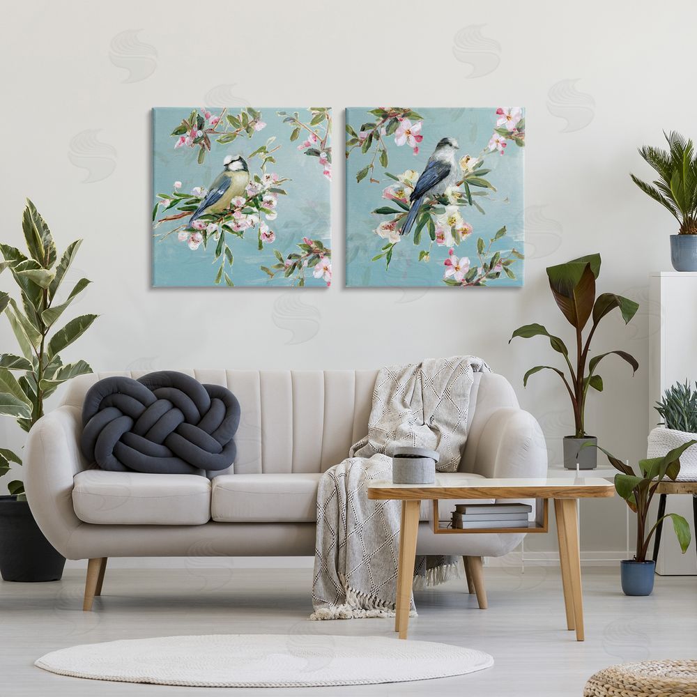 Sally Swatland Songbirds Among Spring Blossoms Stretched Cavas Wall Art Set in Room