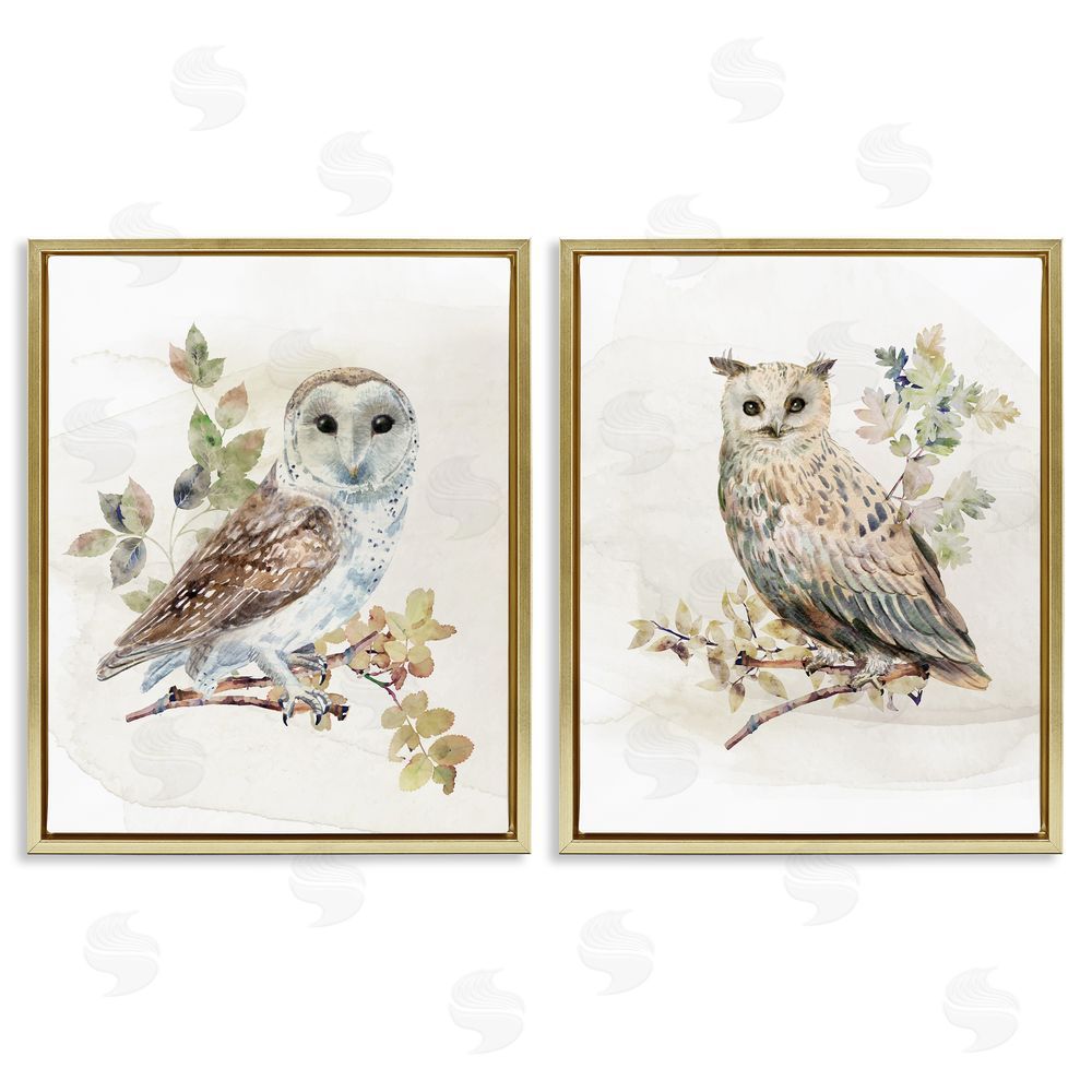 CAD Designs Owls Perched in Foliage Gold Floating Frame Canvas Wall Art Print