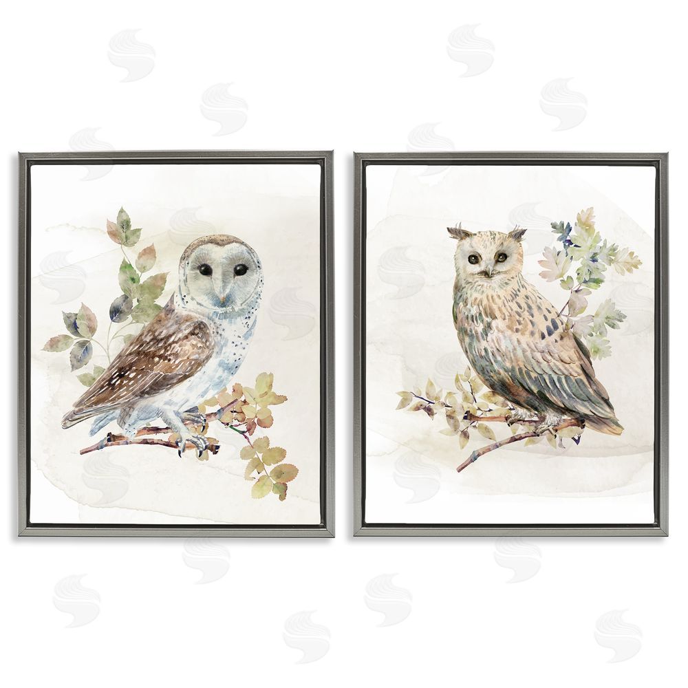 CAD Designs Owls Perched in Foliage Gray Floating Frame Canvas Wall Art Print