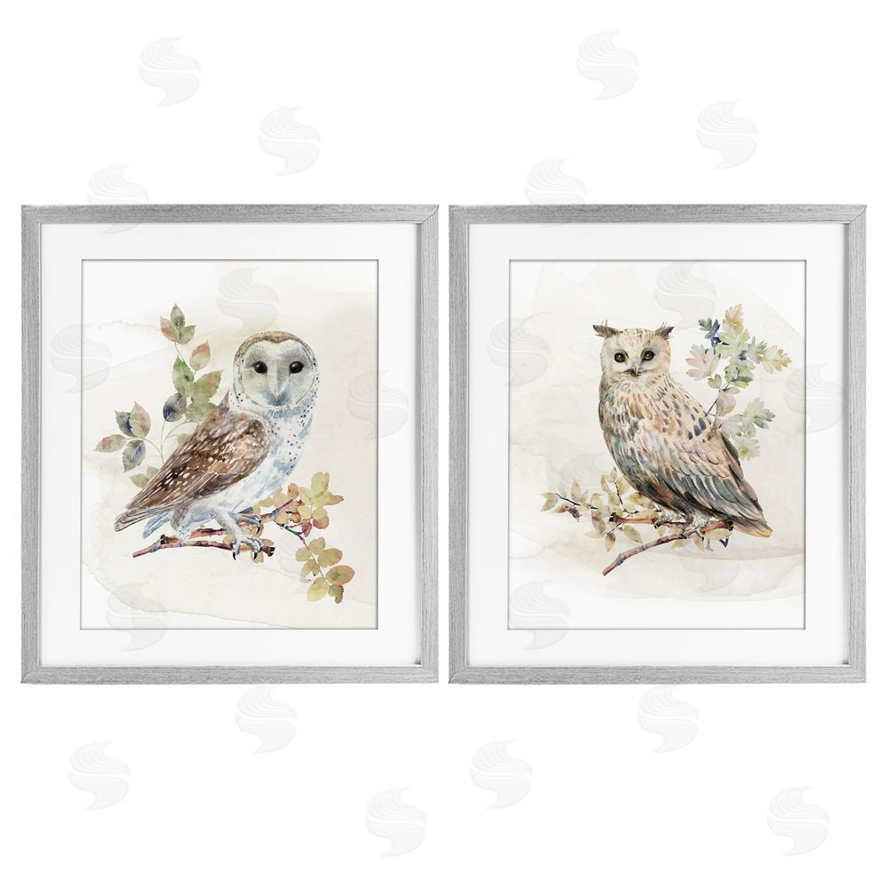 CAD Designs Owls Perched in Foliage Gray Framed Print Under Glass Wall Art
