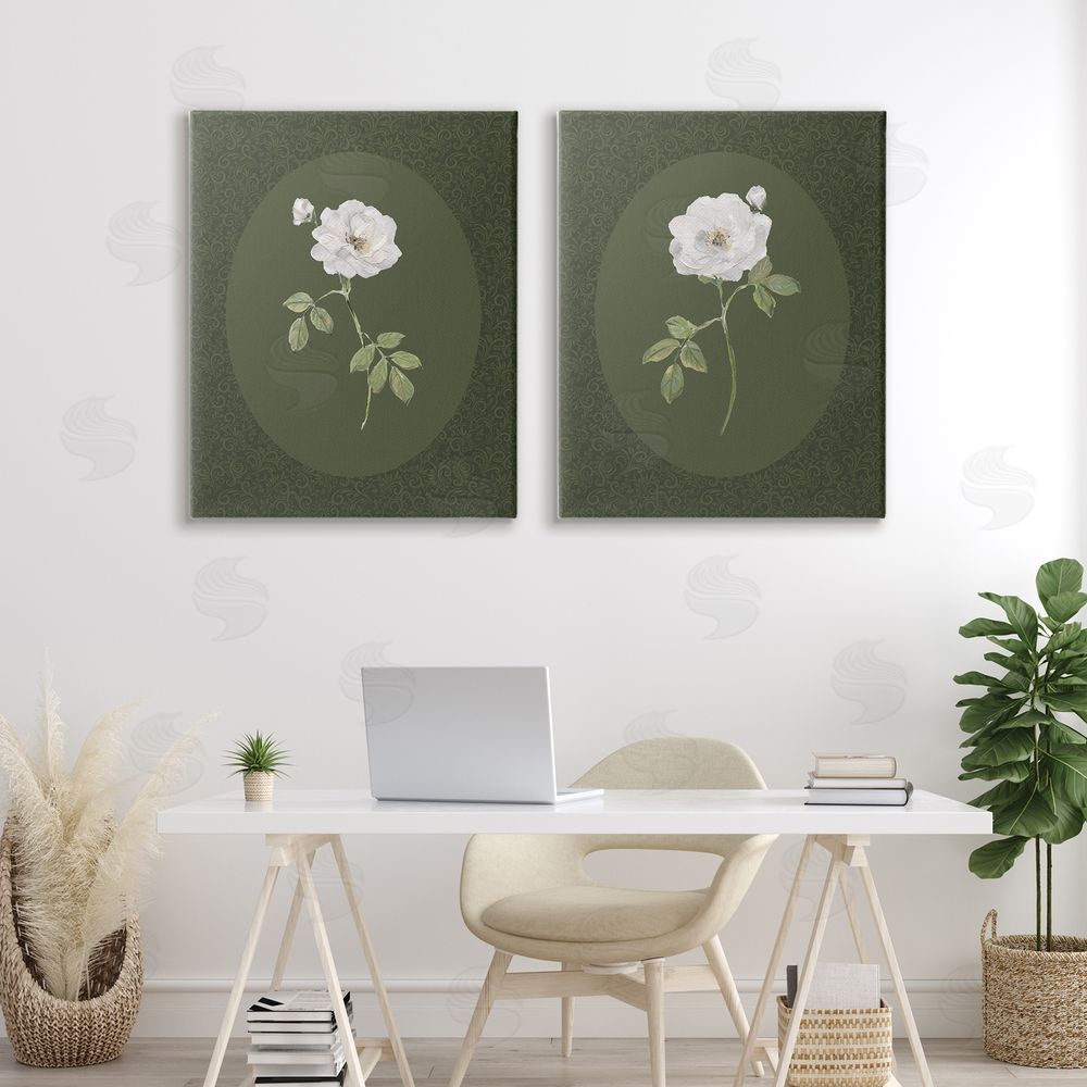 Sally Swatland Ornate Rose Studies over Emerald Stretched Cavas Wall Art Set in Room