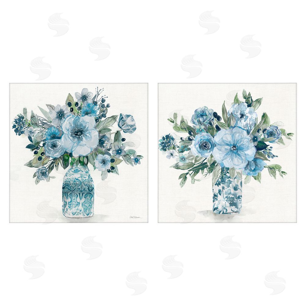Carol Robinson Pastel Blue Floral Vase Arrangements Stretched Canvas Wall Art Print