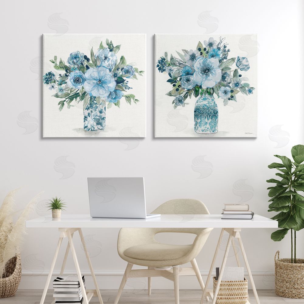 Carol Robinson Pastel Blue Floral Vase Arrangements Stretched Cavas Wall Art Set in Room