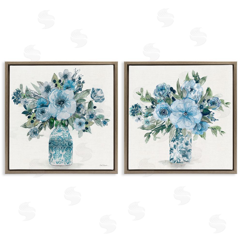 Carol Robinson Pastel Blue Floral Vase Arrangements Brown Floating Frame Canvas Wall Art Print