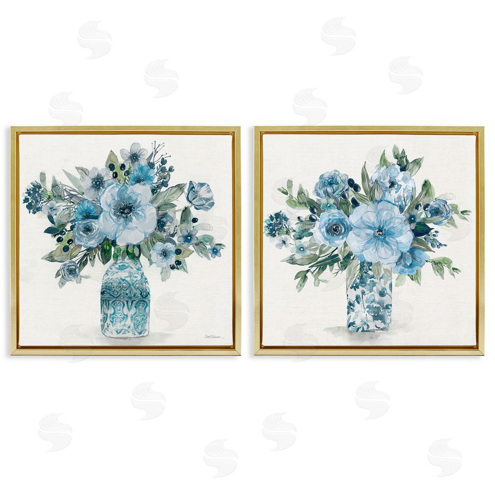 Carol Robinson Pastel Blue Floral Vase Arrangements Gold Floating Frame Canvas Wall Art Print