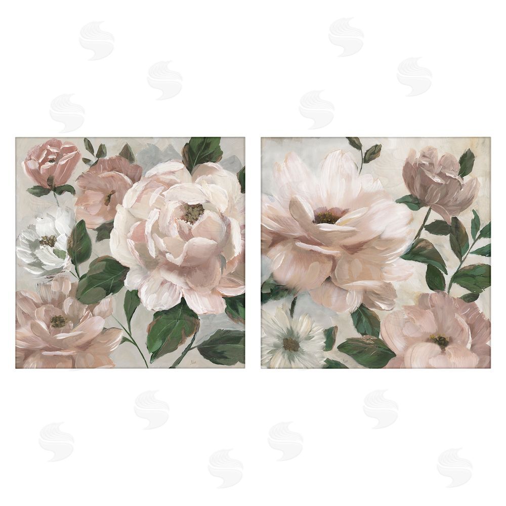 Nan Elegant Blush Peonies & Leaves Stretched Canvas Wall Art Print