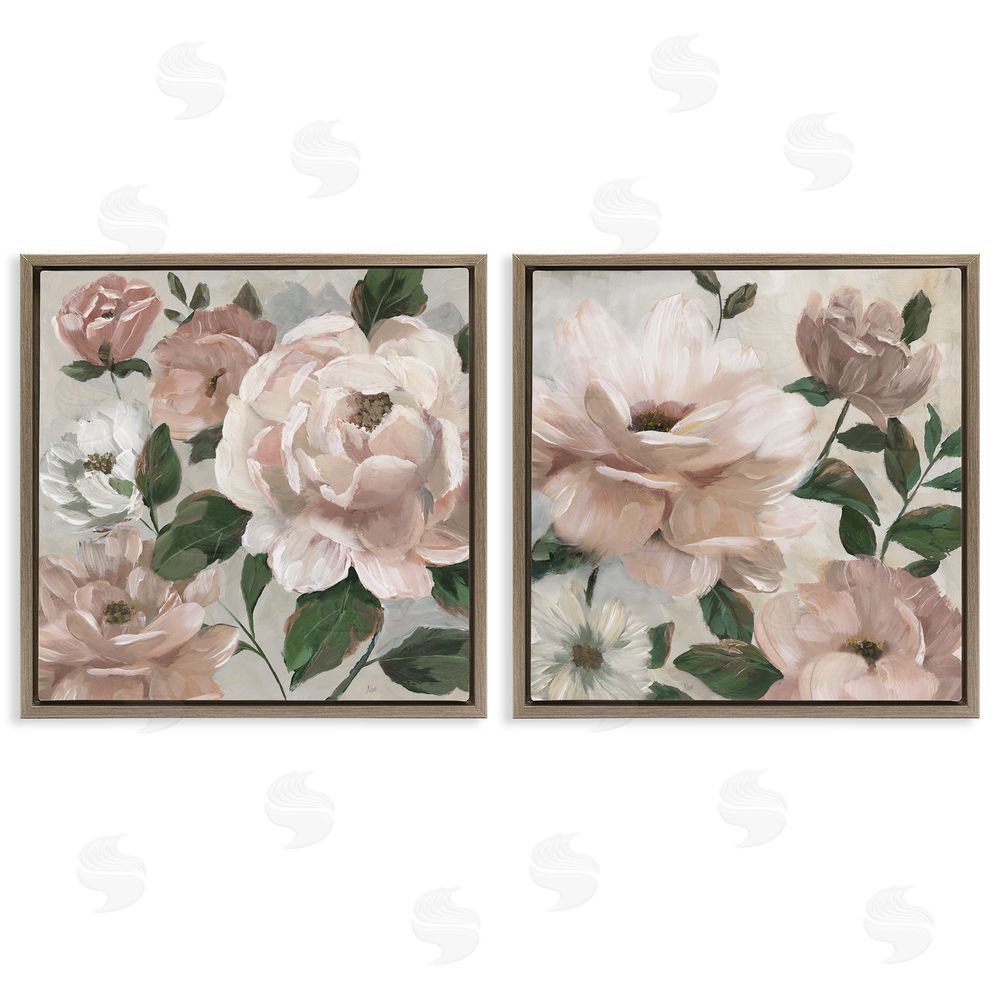 Nan Elegant Blush Peonies & Leaves Brown Floating Frame Canvas Wall Art Print