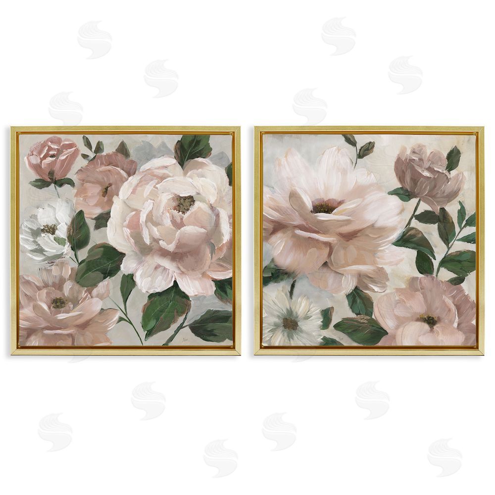 Nan Elegant Blush Peonies & Leaves Gold Floating Frame Canvas Wall Art Print