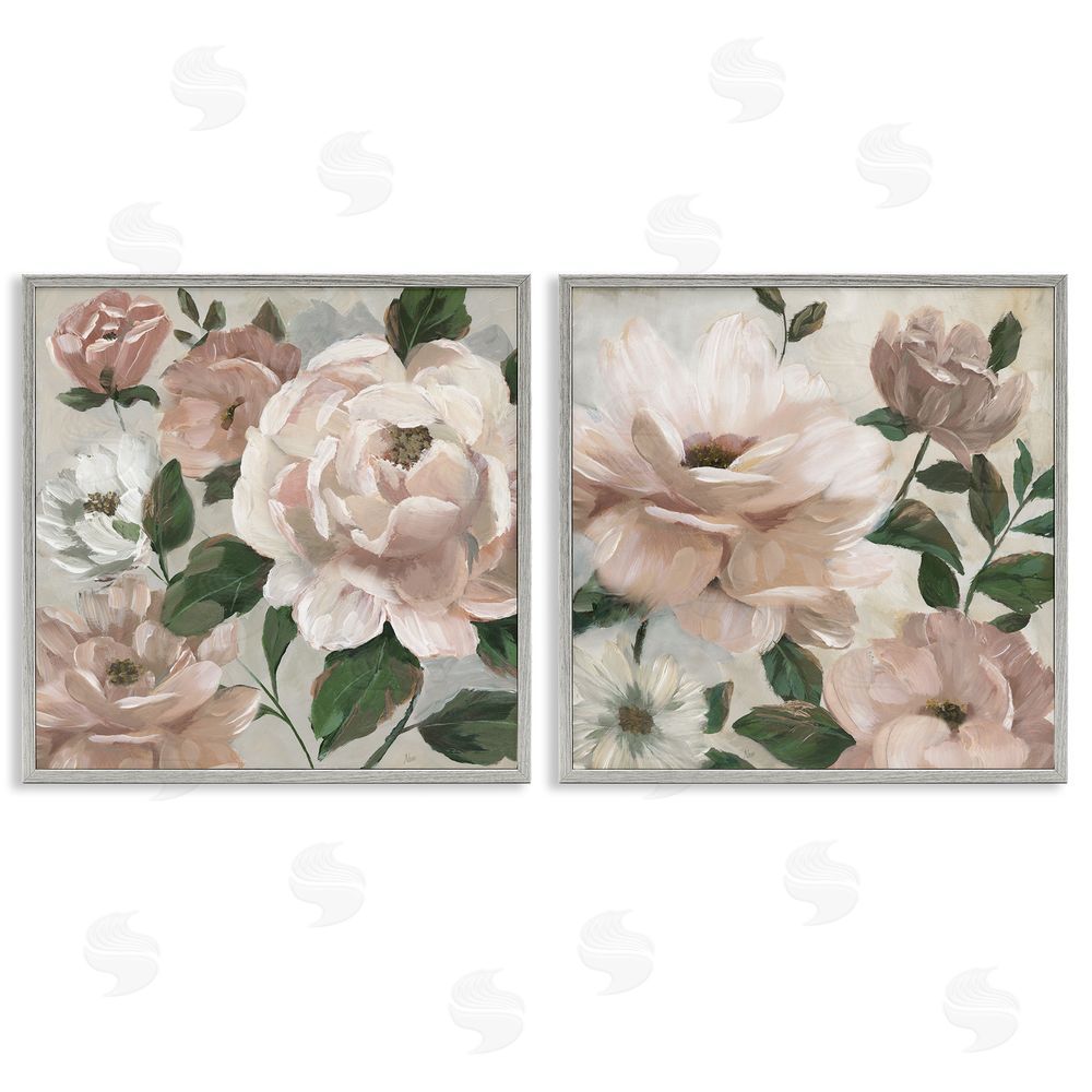 Nan Elegant Blush Peonies & Leaves Gray Framed Giclee Wall Art Print